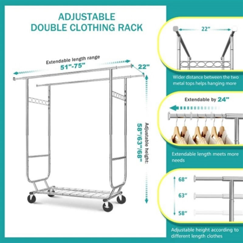 Heavy Duty Double Bar Clothes Garment Rack on Wheels with 600 lbs Capacity