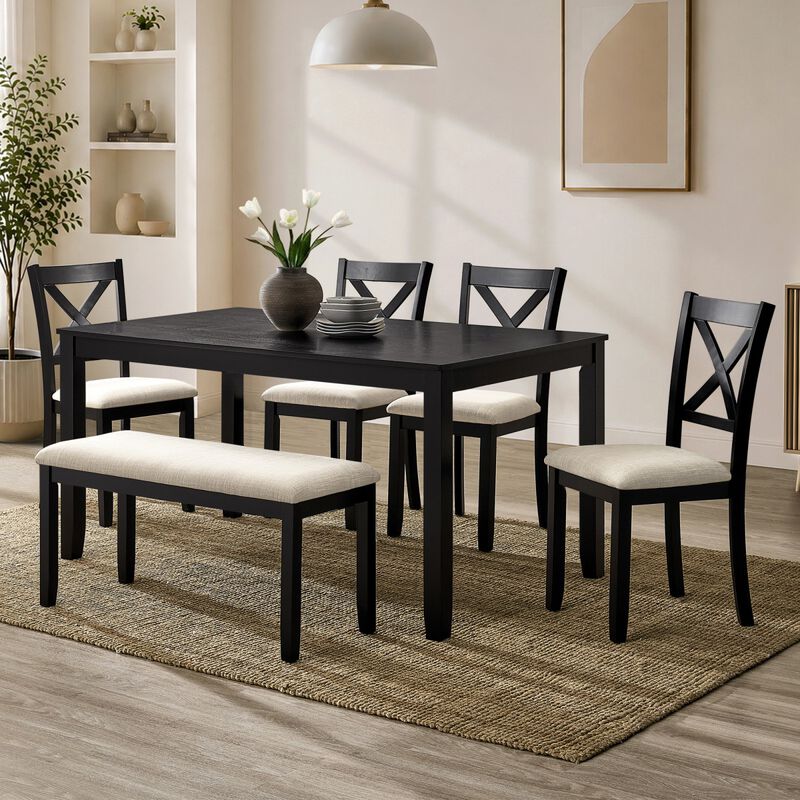 6 Piece Dining Table Set with Bench, rectangular wood dining table set for 6, farmhouse dining table set, timeless dining furniture image number 1