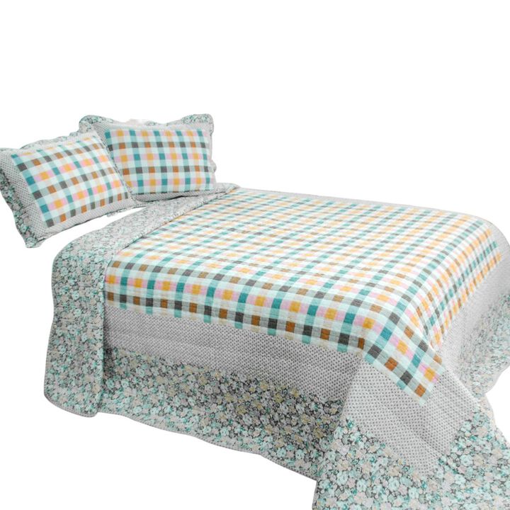 Queen Size 3-Piece Cotton Vermicelli Quilted Printed Quilt Set with Matching Shams