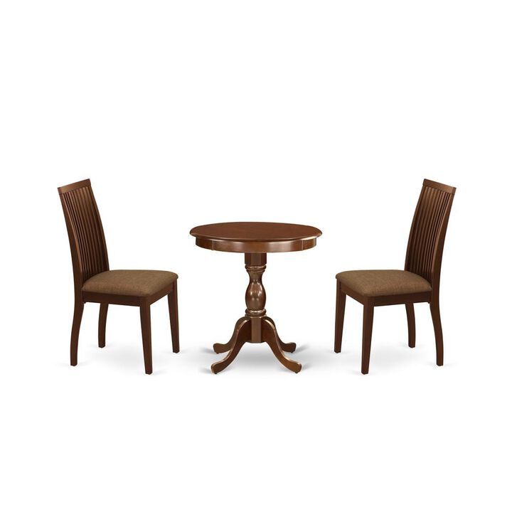 East West Furniture - ESIP3-MAH-C - 3-Pc Modern Dining Room Table Set - 2 Wood Dining Chairs and 1 Kitchen Dining Table (Mahogany Finish)