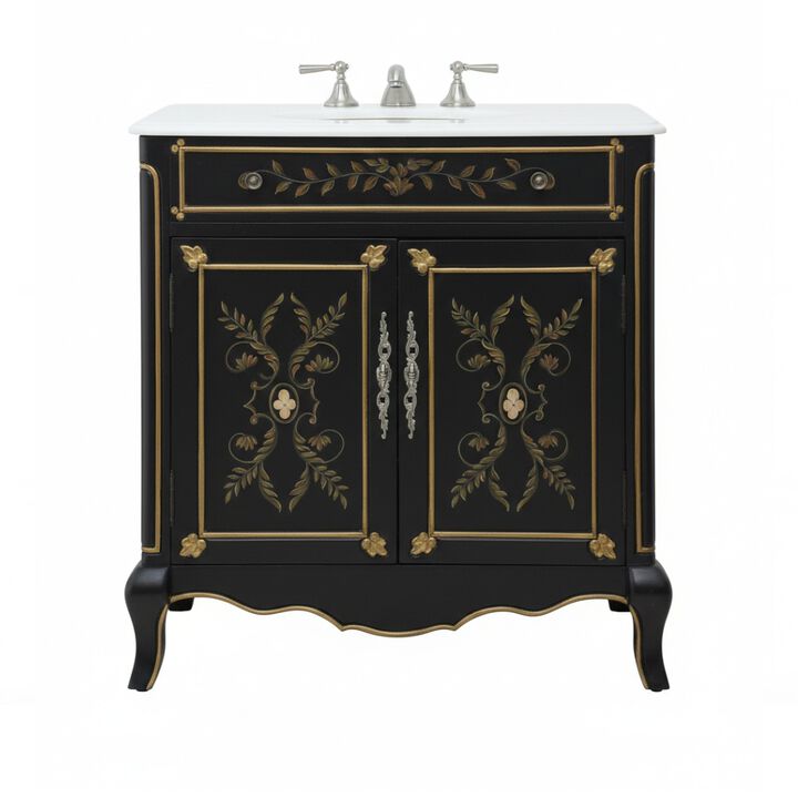 32 Inch Black Hand-Painted Floral Motif Decoroso Bathroom Vanity