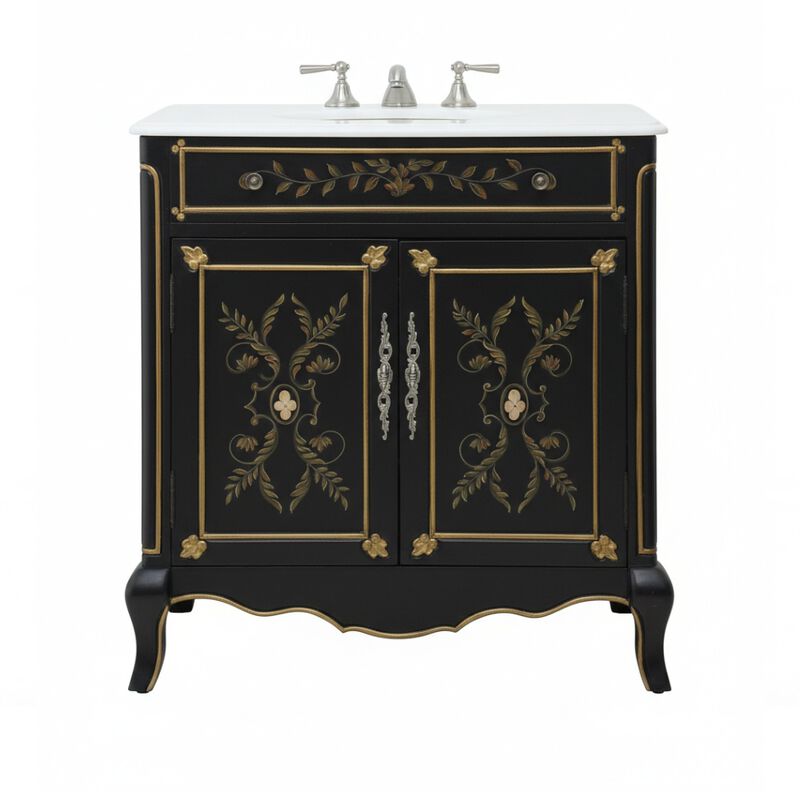 32 Inch Black Hand-Painted Floral Motif Decoroso Bathroom Vanity image number 0