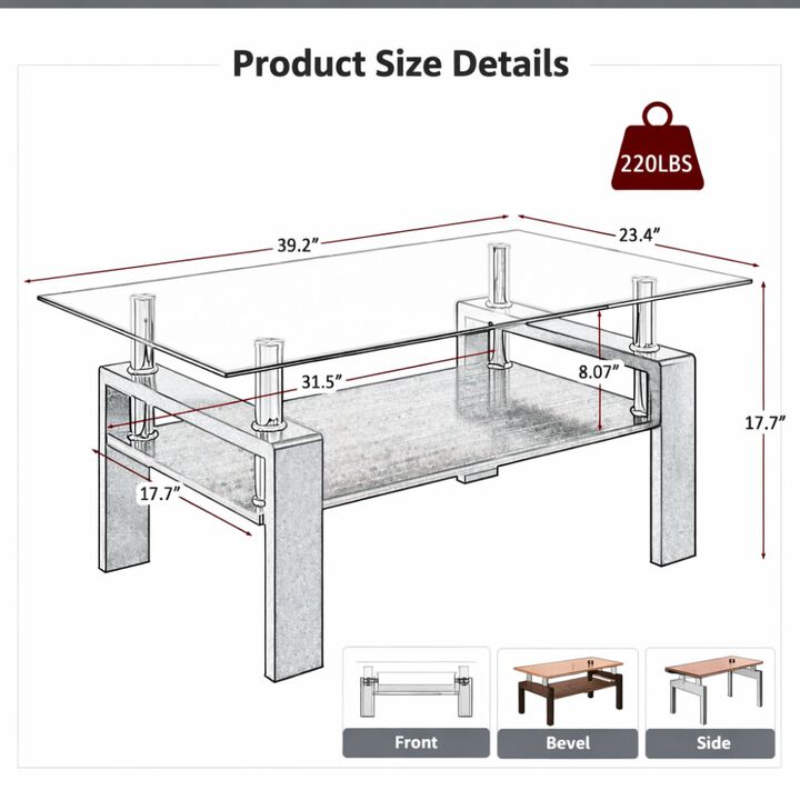 GOODSILO Modern Rectangular Coffee Table with Tempered Glass Top, Storage Shelf and Durable Metal Legs for Living Rooms