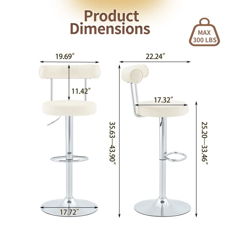 Set of 2 swivel bar stools, velvet upholstered adjustable height bar chair with open back, chrome base counter stools with footrest image number 2