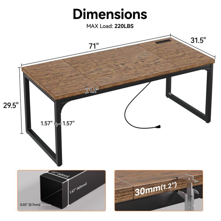 71" Computer Desk with Power Outlets, 1.2" Thick Desktop, Metal Frame, Home Office & Gaming Desk