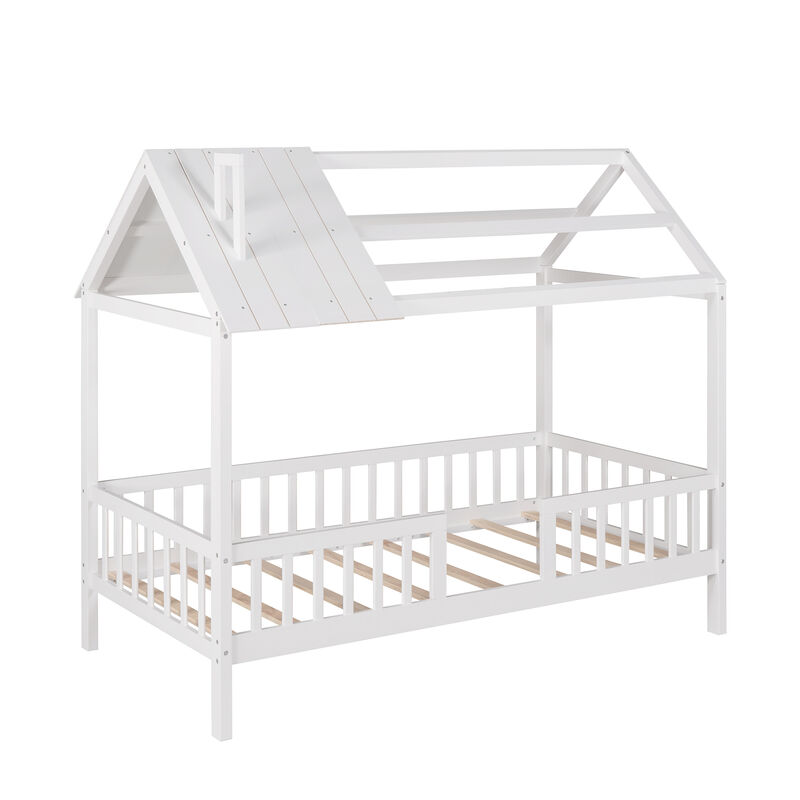 Whisen Twin Size Wood House Bed with Fence and Roof for Kids