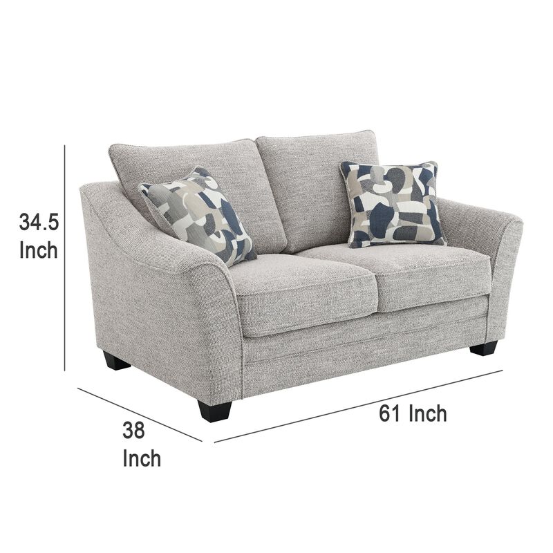Kito Loveseat, 61 Inch Modern Light Gray Fabric, 2 Accent Pillows - Benzara