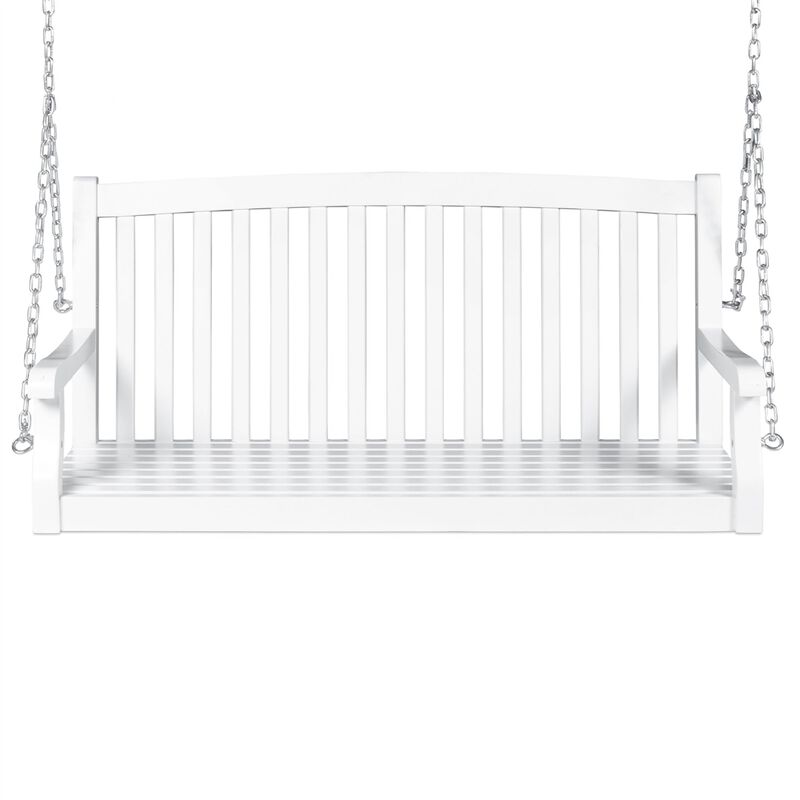 QuikFurn White Acacia Wooden Curved Back Hanging Porch Swing Bench with Mounting Chains