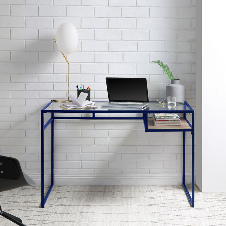 GOODSILO Modern Glass Top Writing Desk with Blue Finish and Storage Shelf for Contemporary Workspaces