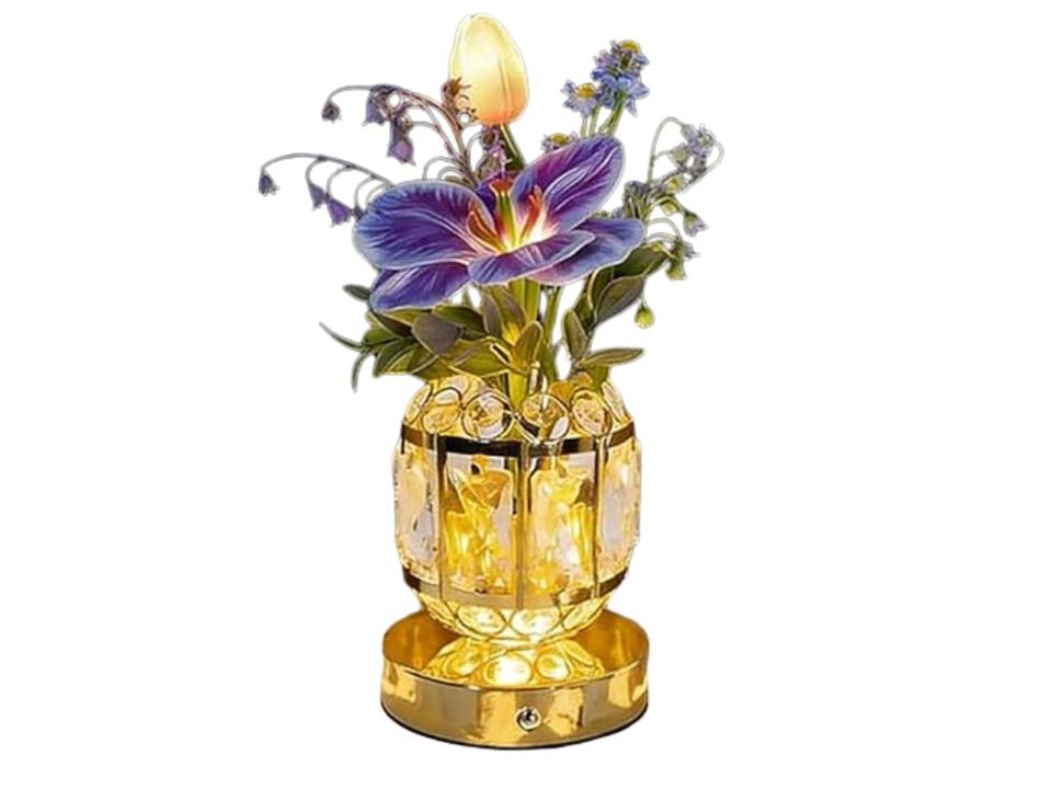 Rechargeable Cordless Dimmable Crystal Flower Table Lamp For Bedroom Purple