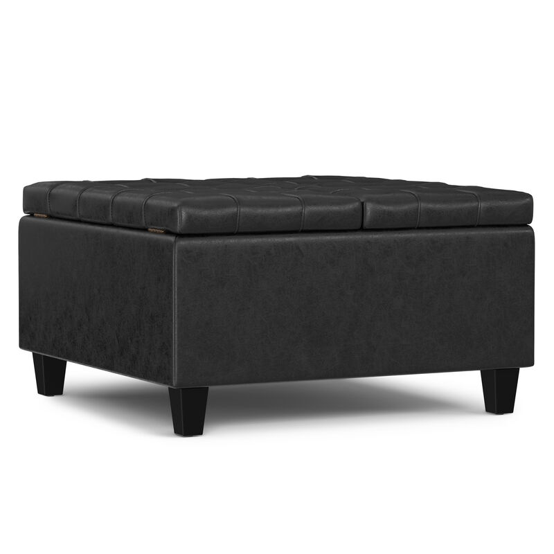 Harrison 30 inch Wide Transitional Square Small Coffee Table Storage Ottoman in Distressed Black Vegan Faux Leather, Assembled image number 0