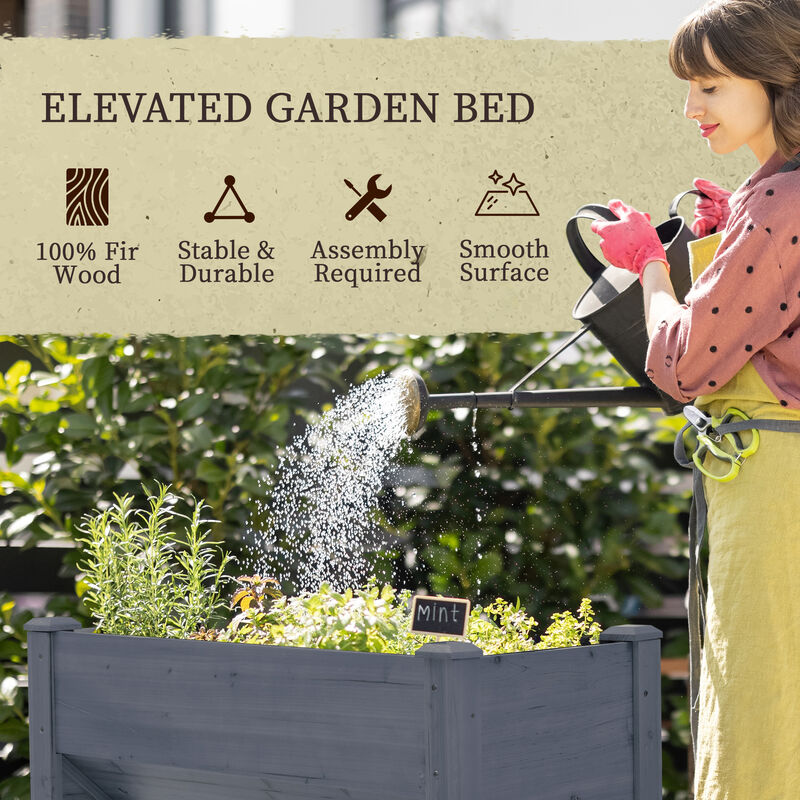 Outsunny 48" Raised Garden Bed with Hooks, 660lb Capacity Wood Elevated Planter Box with Water Draining and Liner, Funnel Design for Backyard Patio to Grow Vegetables, Herbs, Flowers, Gray