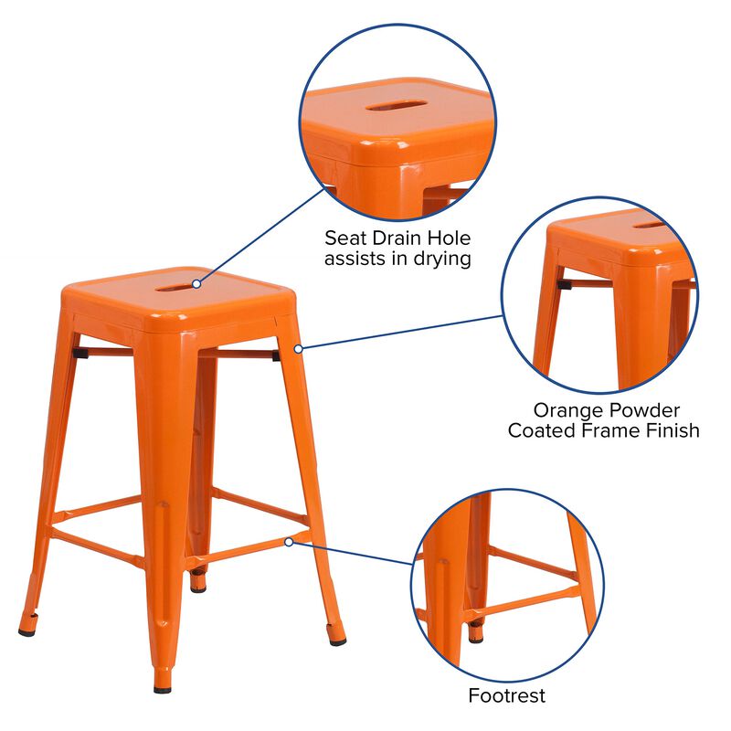 Flash Furniture Kai Commercial Grade 24" High Backless Orange Metal Indoor-Outdoor Counter Height Stool with Square Seat