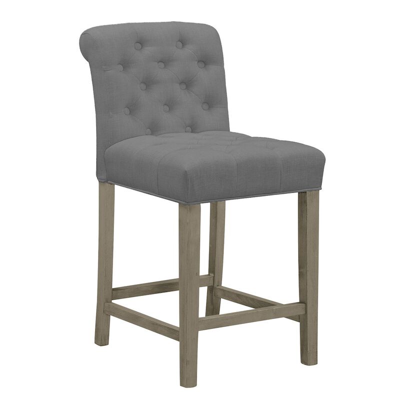 Glamour Home Set of 2 Gray Fabric Counter Stool Roll Back Design and Tufted Buttons