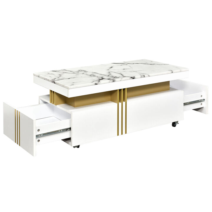 Contemporary Coffee Table with Faux Marble Top, Rectangle Cocktail Table with Caster Wheels, Moderate Luxury Center Table with Gold Metal Bars for Living Room, White