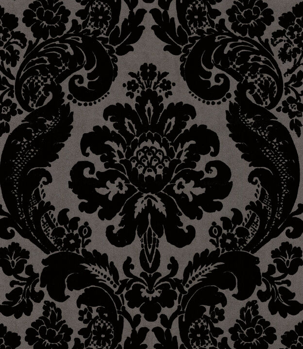 Shadow Black Flocked Damask Wallpaper (Set of 2)