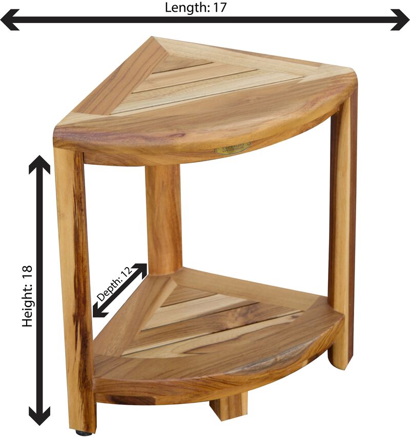 EcoDecors&reg; SnazzyCorner&reg; 18" Teak Wood Corner Footstool with Shelf in EarthyTeak Finish