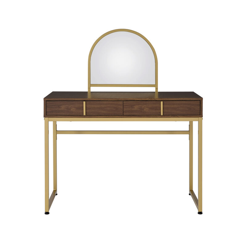 Coleen Vanity Desk w/Mirror & Jewelry Tray in Walnut & Gold Finish image number 1