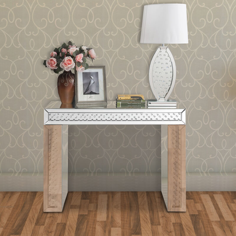 Mirror Accented Wood And Glass Vanity Desk With Faux Crystal Inlay, Silver image number 1