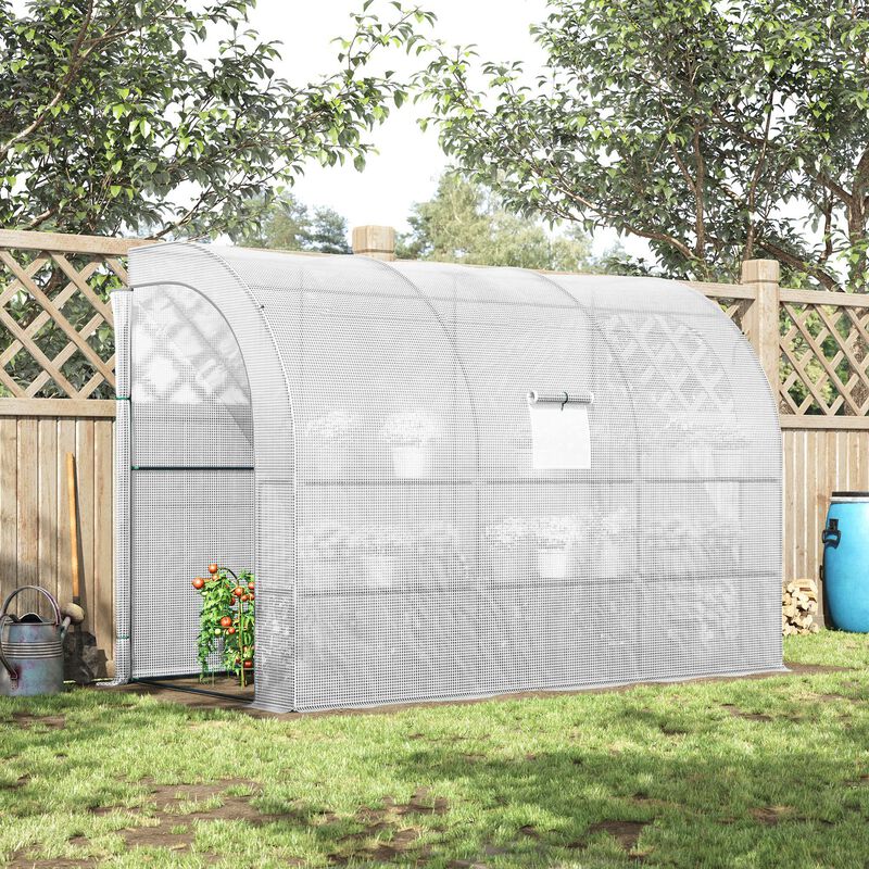 Outsunny 10' x 5' x 7' Lean to Greenhouse, Walk-In Green House, Plant Nursery with 2 Roll-up Doors and Windows, PE Cover and 3 Wire Shelves, White