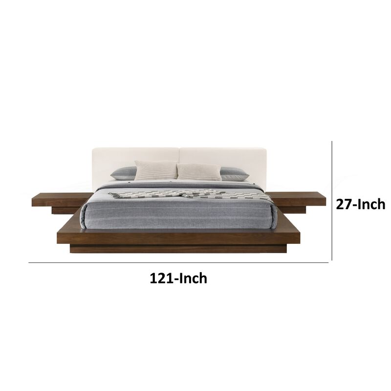 Nia Queen Size Bed, White Faux Leather, Walnut Brown Low Profile Platform  - Benzara