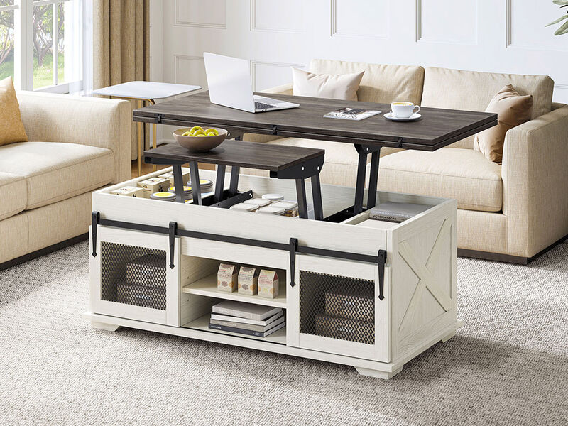 BELLEZE Lift Top Coffee Table, 44" Farmhouse Coffee Table with Storage & Sliding Barn Doors, 3 in 1 Multi-Function Coffee Table for Living Room, Dining Reception Room, Lawson - White Sand