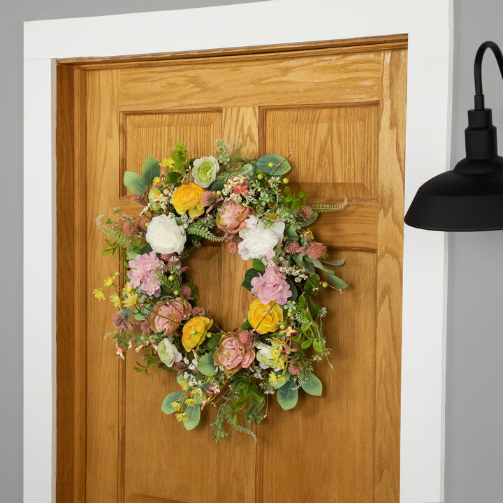Rose and Hydrangea Floral Spring Wreath - 26" - Pink and Yellow