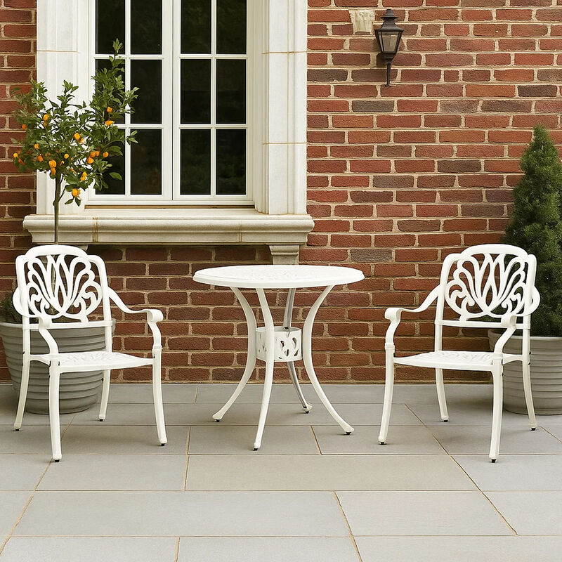 Kasa Outdoor 3pc Bistro Breakfast Set, 2 Chairs, 1 Table, White Metal - Benzara