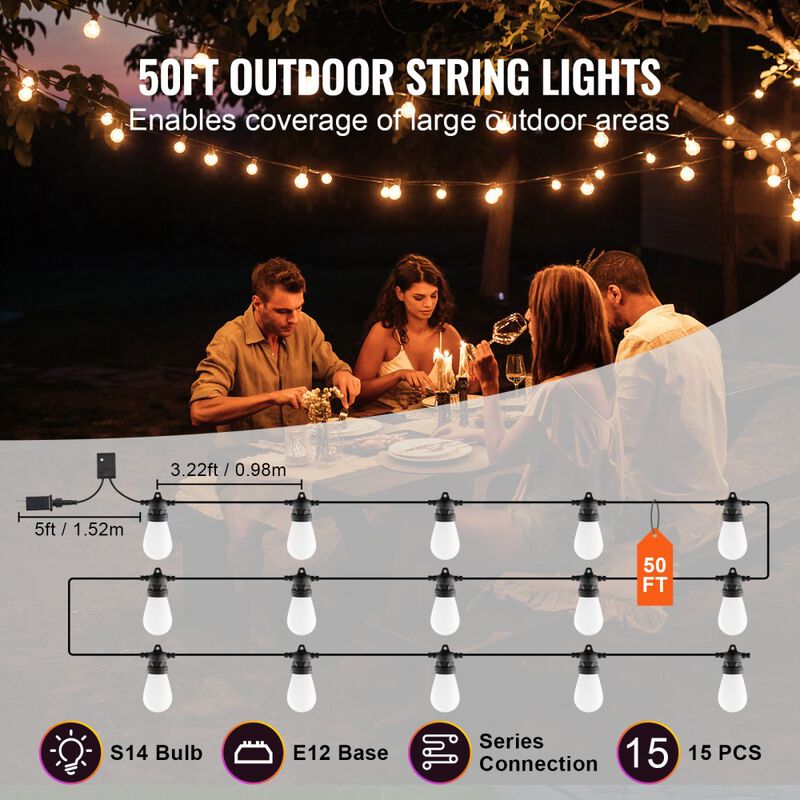 50 Ft RGB Patio String Lights 15 Bulbs App Control Adjustable Brightness image number 2