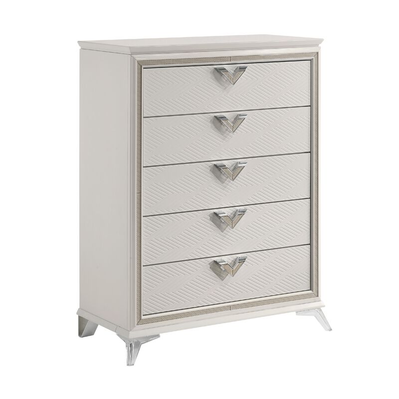 Dery Tall Dresser Chest, 5 Drawer Chrome Triangle Handles, White, Gold - Benzara