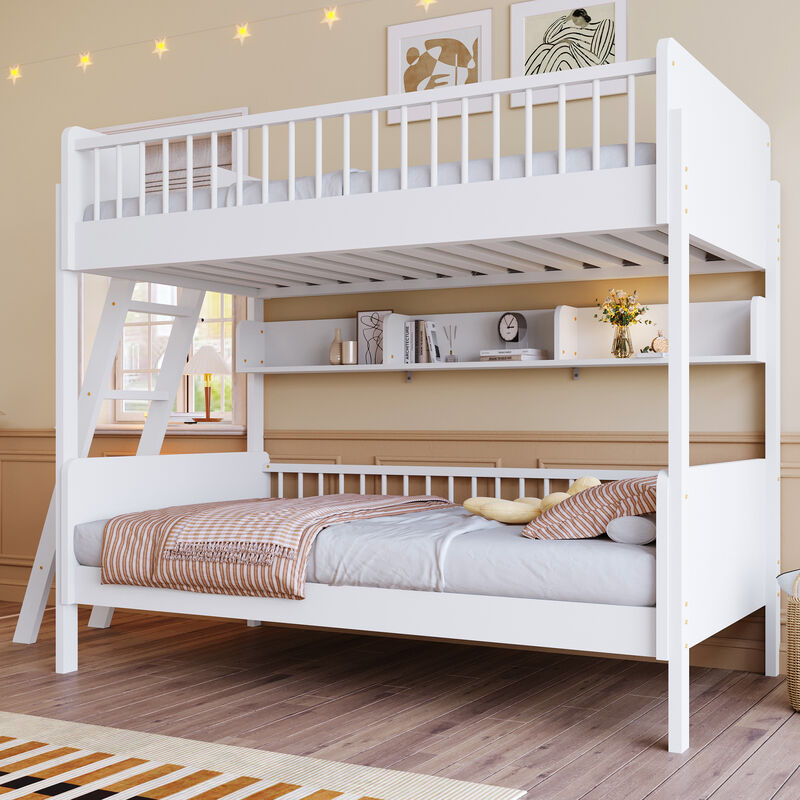 Merax Twin-Over-Twin White Wooden Bunk Bed with 3 Storage Shelves