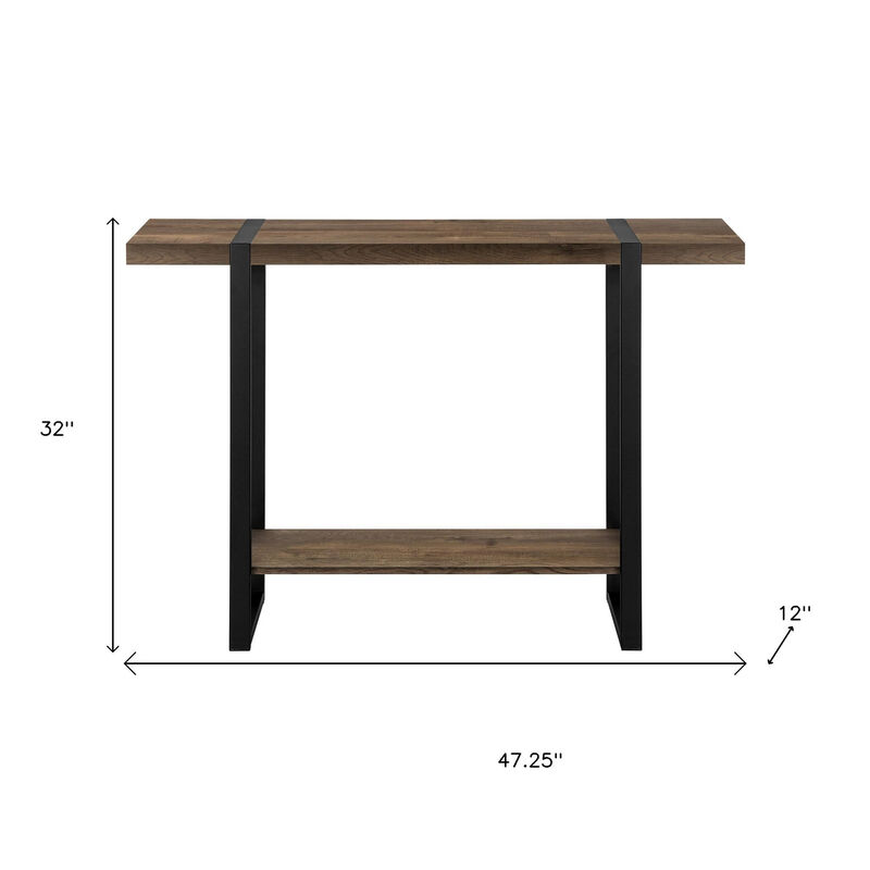 HomeRoots 47" Brown and Black Wood and Metal Distressed Sled Console Table With Shelf image number 6