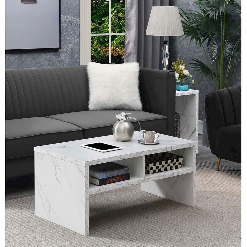 Convenience Concepts Northfield Admiral Deluxe Coffee Table with Shelves, White Faux Marble