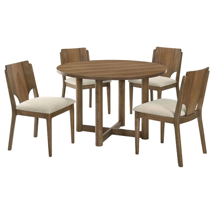Billie 5pc Round Dining Table and 4 Chairs Set, Walnut Brown and Beige - Benzara