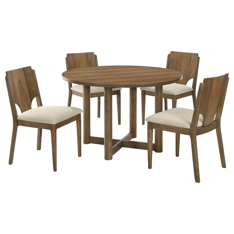 Billie 5pc Round Dining Table and 4 Chairs Set, Walnut Brown and Beige - Benzara