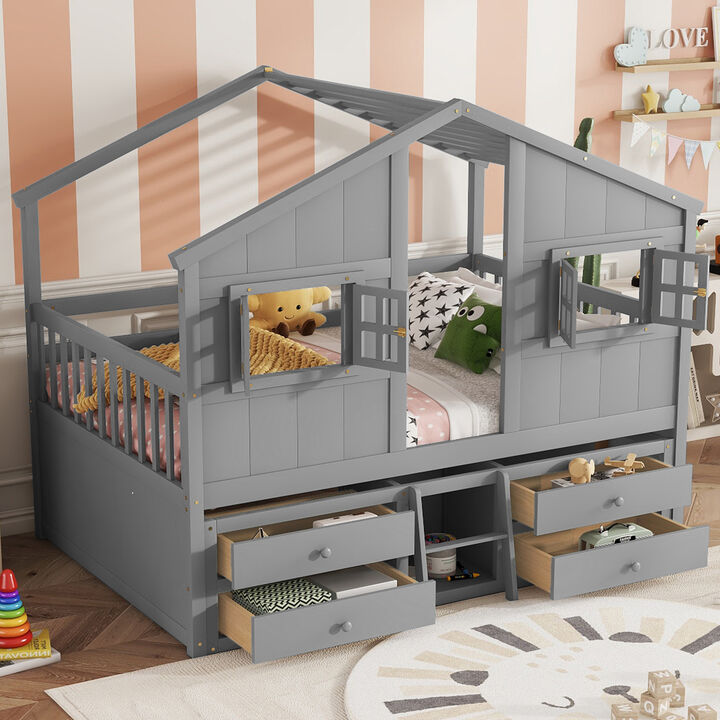 Whisen Full Size House Loft Bed with Roof, Windows, 4 Drawers and Guardrails for Children