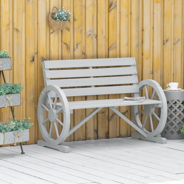 Charcoal Grey Wooden Wagon Wheel Bench: Rustic Outdoor Patio Furniture, 2-Person Seat Bench with Backrest