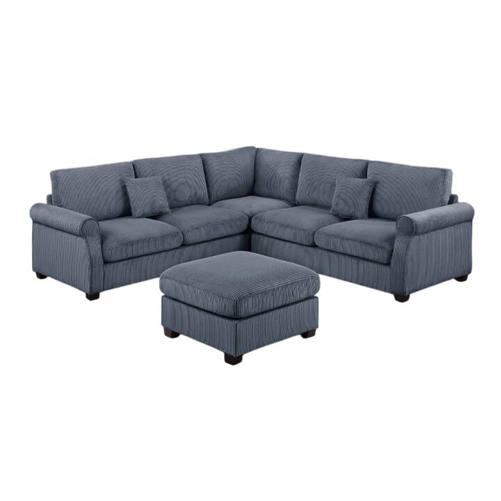 Fero 4pc L Sectional Sofa, Loveseat, Wedge, Ottoman Set, Gray Corduroy - Benzara