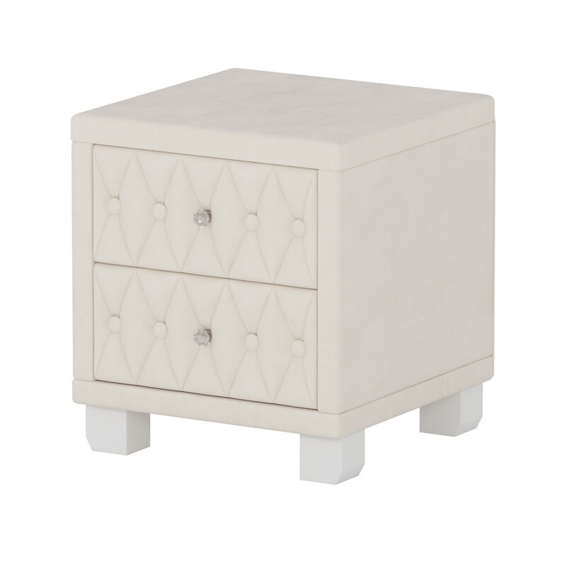 Elegant Velvet Nightstand with 2 Drawers and Crystal Handle, Storage Bedside Table with Button-Tufted