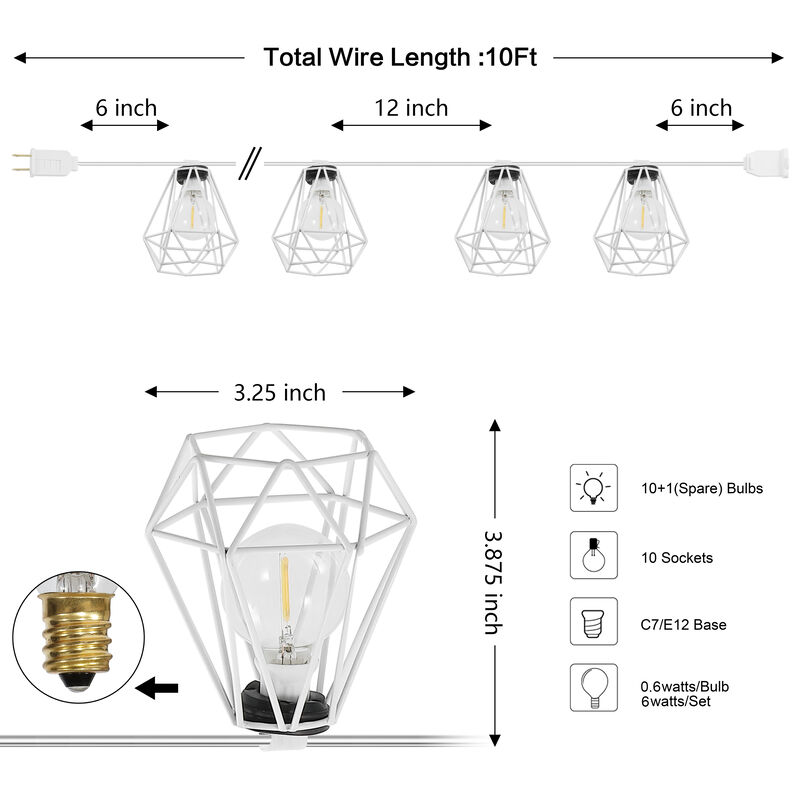 10-Light Indoor/Outdoor 10 ft. Contemporary Transitional Incandescent G40 Diamond Cage String Lights
