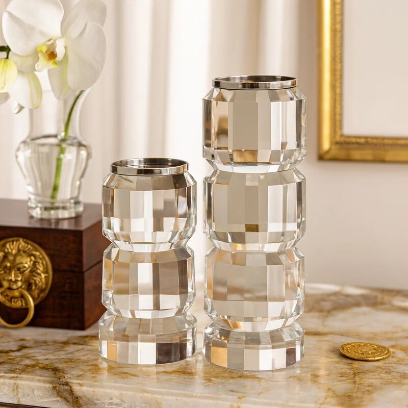 Meru Candle Holder Set of 2, Crystal and Silver Glass Stacked Pillar image number 6
