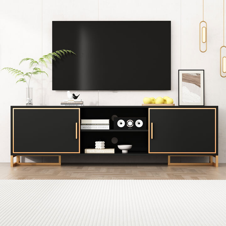FUFU&GAGA Modern Black TV Stand with Gold Trim, Metal Handles & Base &ndash; Entertainment Center for TVs up to 75" (70.9"W x 15.7"D x 20.9"H), Black