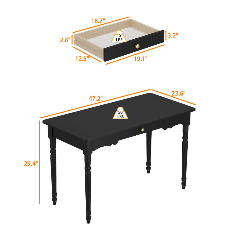 FUFU&GAGA Black Writing Desk with Drawer, MDF & Rubberwood Construction (47.2" W x 29.4" H x 23.6" D), Black
