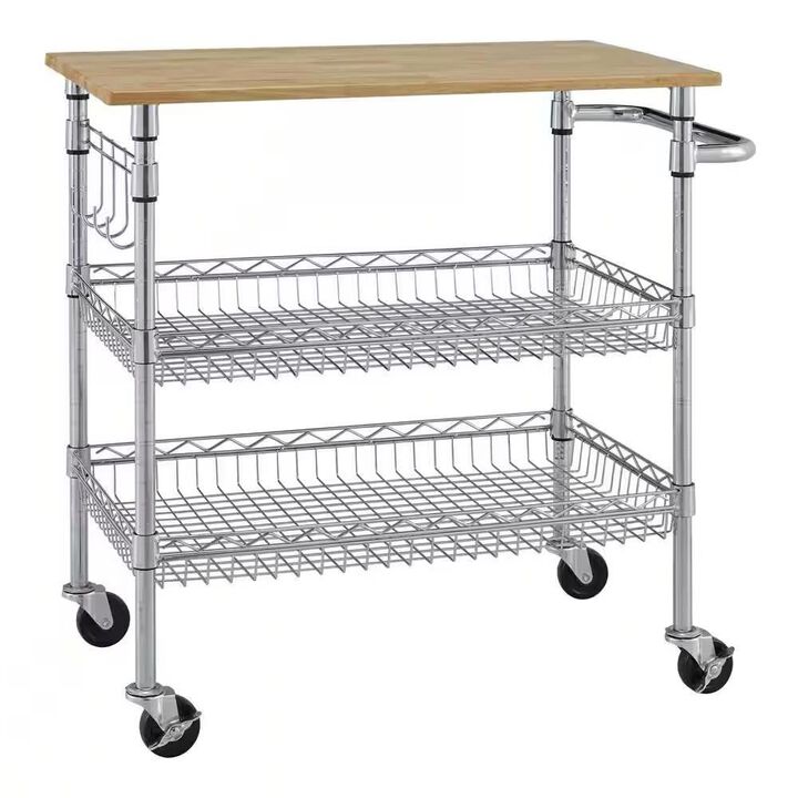 Hivvago Kitchen Island Cart with Wood Top and 2 Bottom Storage Shelves on Wheels