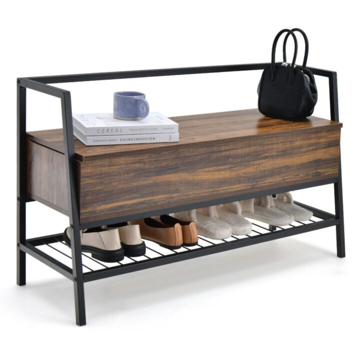 Hivvago Industrial Shoe Bench with Storage Space and Metal Handrail-Rustic Brown