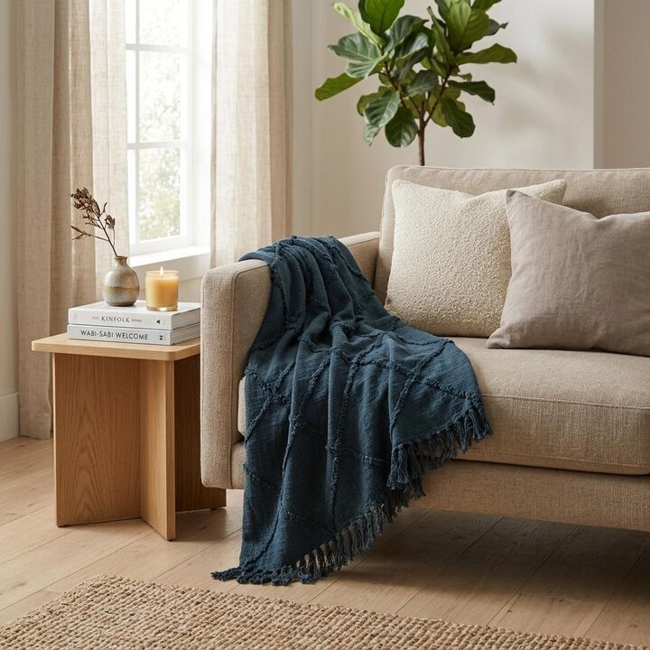 HomeRoots Teal Blue Woven 100% Woven Textured Cotton Throw Blanket
