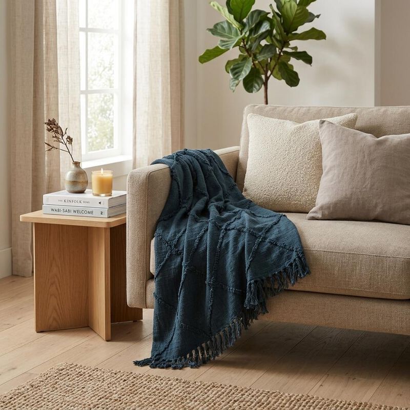 HomeRoots Teal Blue Woven 100% Woven Textured Cotton Throw Blanket image number 1