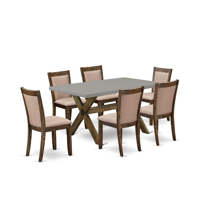 East West Furniture 7 Piece Contemporary Modern Dining Set - A Cement Top Dinner Table with Trestle Base and 6 Dark Khaki Linen Fabric Dining Room Chairs - Distressed Jacobean Finish