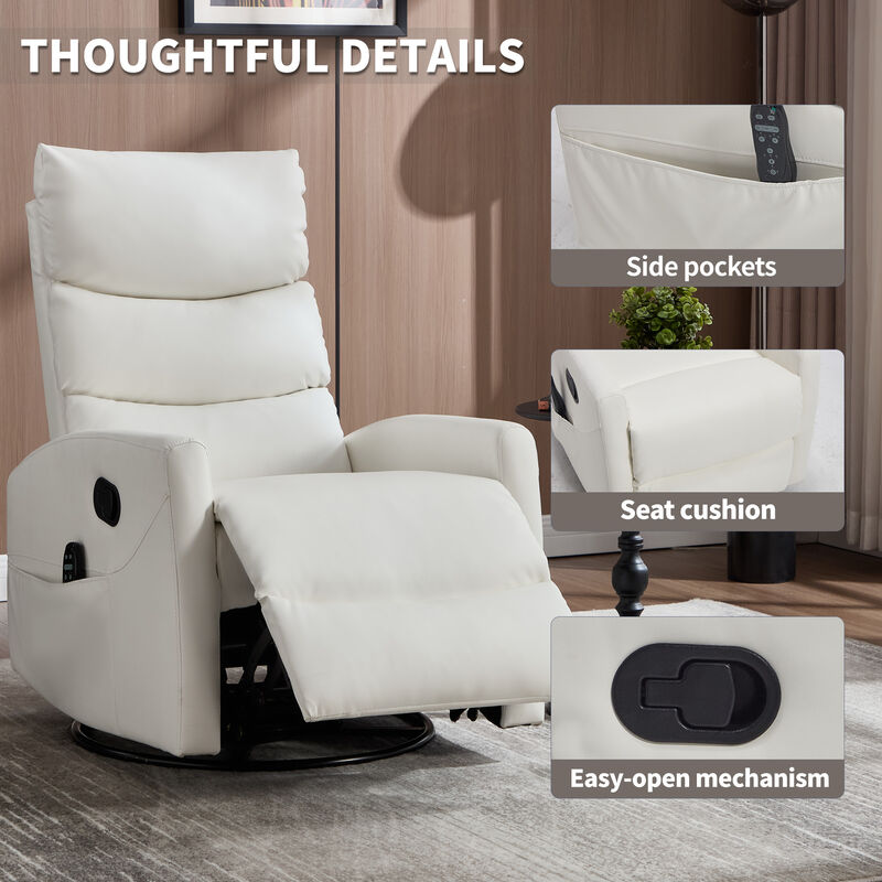 Heat Massage Manual Recliner Chair with Rocker and Swivel in Fabric for Living Room, White