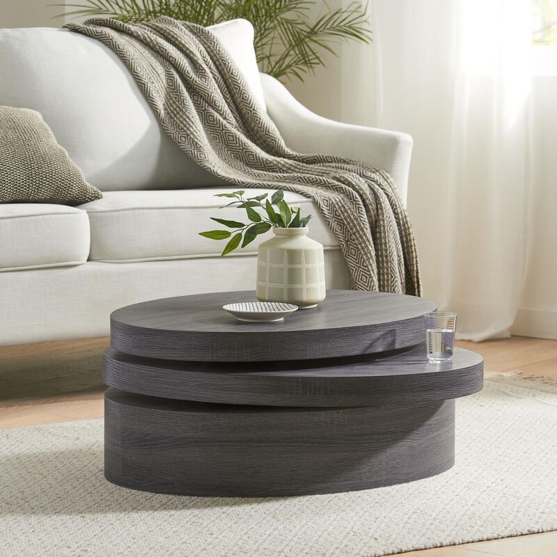 Contemporary Oval Rotating Coffee Table, Dark Grey Modern Living Room Table image number 2